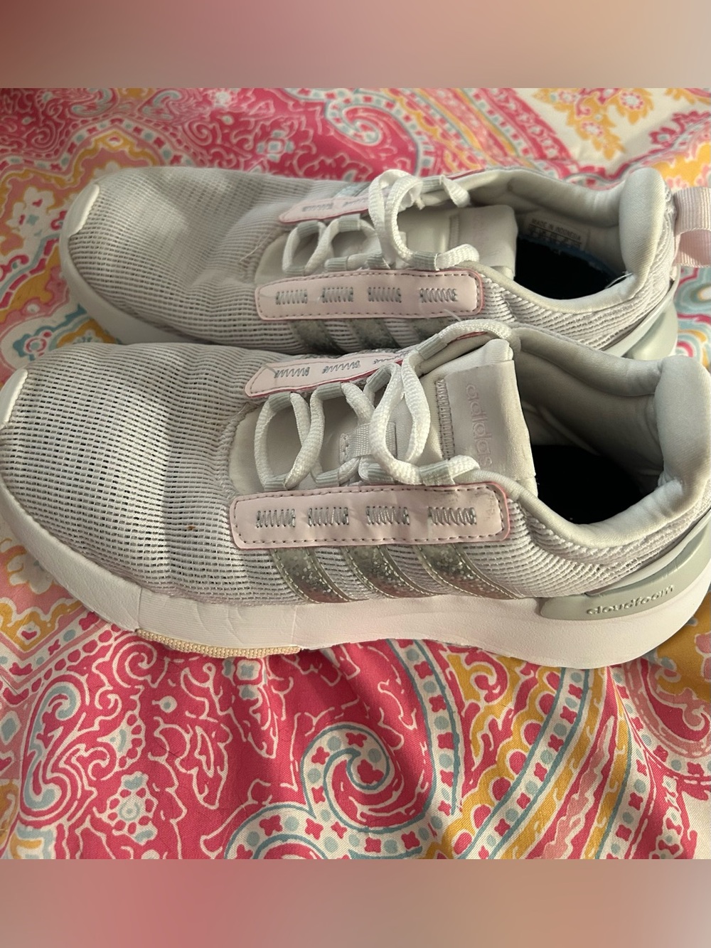 adidas Kids White Sneakers with Light Pink Accents